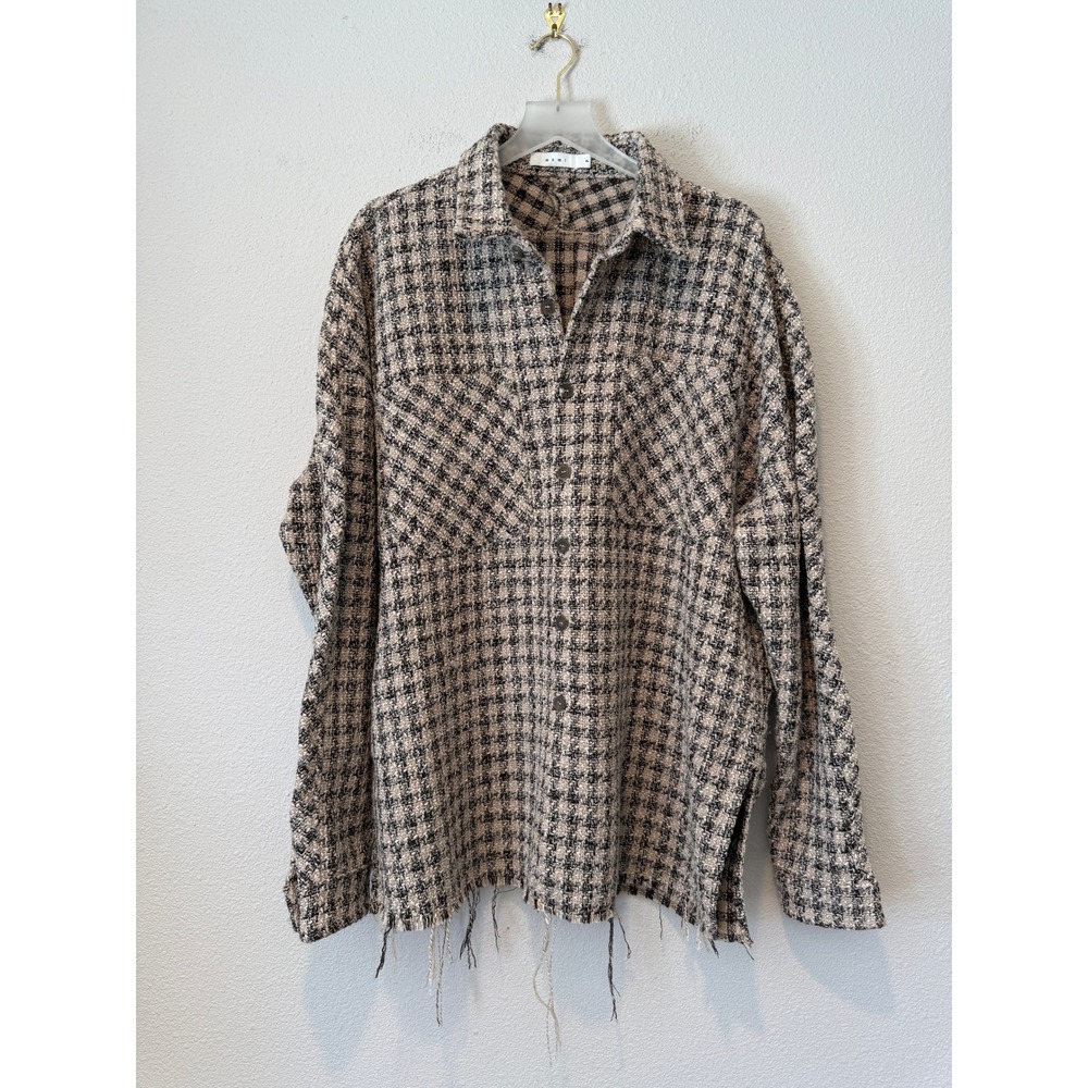 MNML Mens XL Plaid Boucle Oversized Distressed Frayed Hem Button Down Shirt Tan